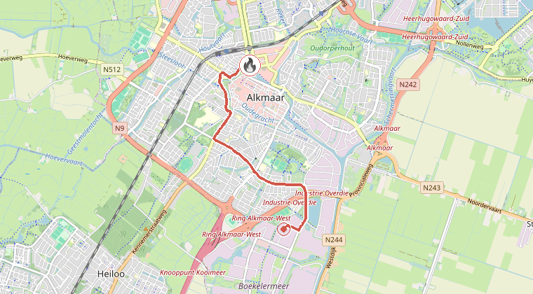 Kaart van de omgeving van de melding, met de kazerne die is gealarmeerd