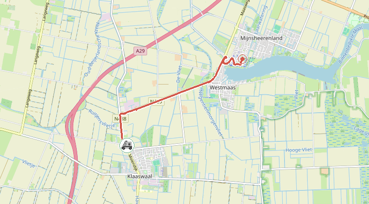 Kaart van de omgeving van de melding, met de kazerne die is gealarmeerd
