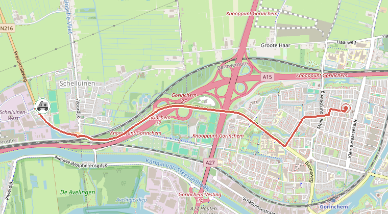 Kaart van de omgeving van de melding, met de kazerne die is gealarmeerd