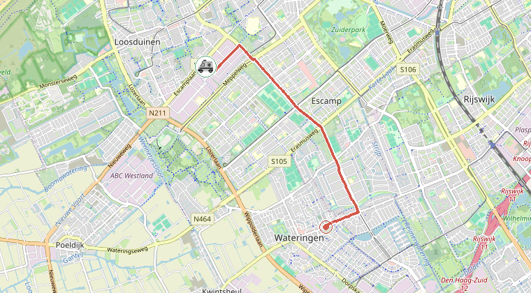 Kaart van de omgeving van de melding, met de kazerne die is gealarmeerd
