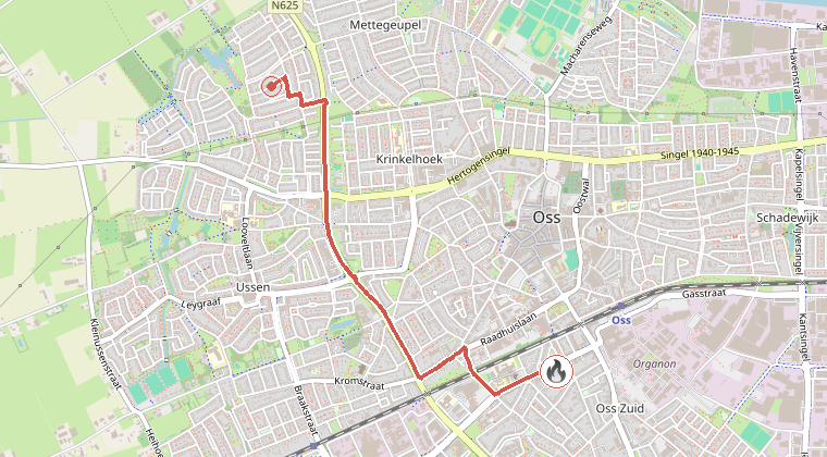 Kaart van de omgeving van de melding, met de kazerne die is gealarmeerd