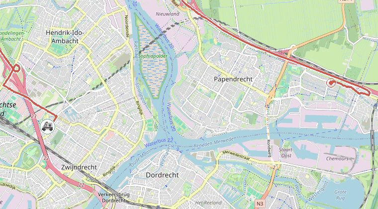 Kaart van de omgeving van de melding, met de kazerne die is gealarmeerd