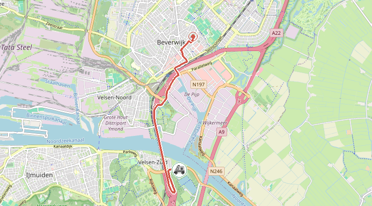 Kaart van de omgeving van de melding, met de kazerne die is gealarmeerd