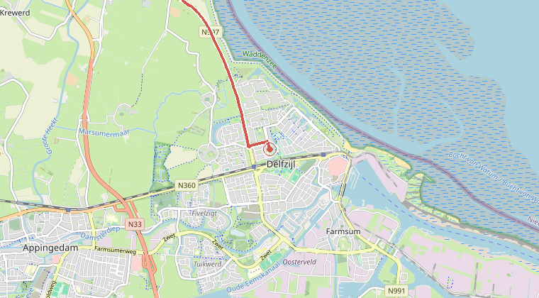Kaart van de omgeving van de melding, met de kazerne die is gealarmeerd