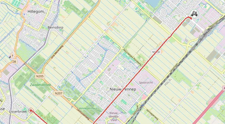 Kaart van de omgeving van de melding, met de kazerne die is gealarmeerd
