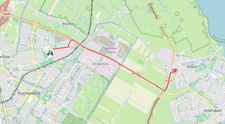 Kaart van de omgeving van de melding, met de kazerne die is gealarmeerd