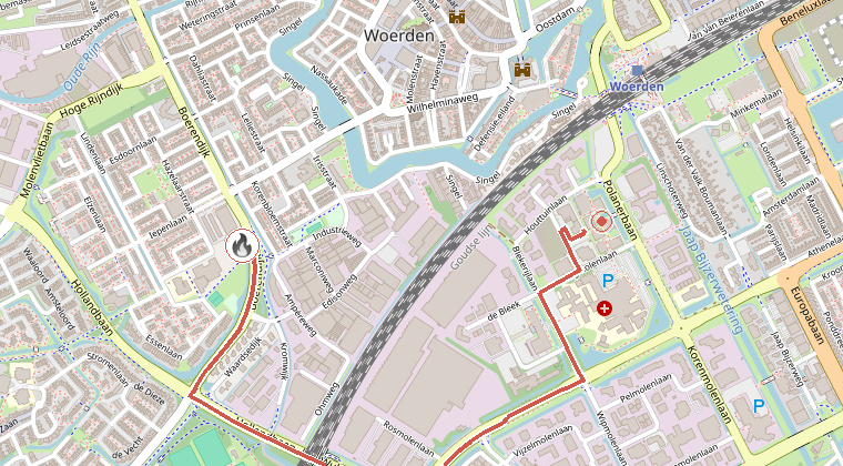 Kaart van de omgeving van de melding, met de kazerne die is gealarmeerd