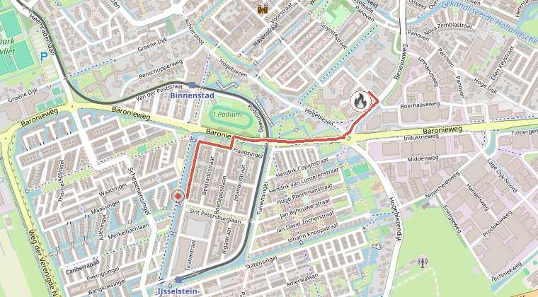 Kaart van de omgeving van de melding, met de kazerne die is gealarmeerd