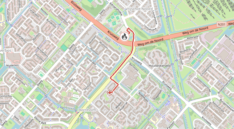 Kaart van de omgeving van de melding, met de kazerne die is gealarmeerd
