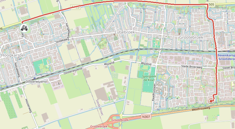 Kaart van de omgeving van de melding, met de kazerne die is gealarmeerd