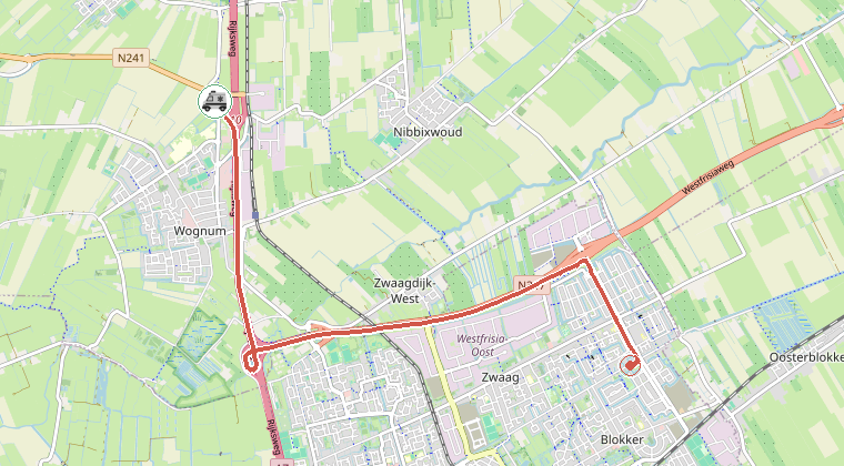 Kaart van de omgeving van de melding, met de kazerne die is gealarmeerd