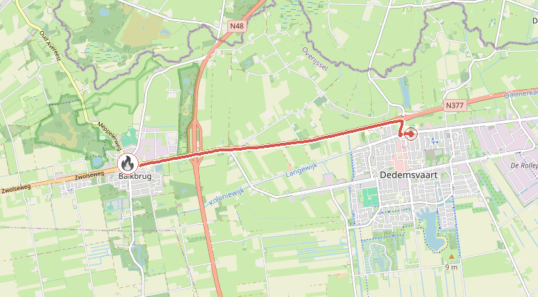 Kaart van de omgeving van de melding, met de kazerne die is gealarmeerd