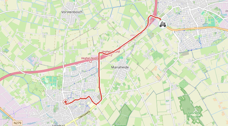 Kaart van de omgeving van de melding, met de kazerne die is gealarmeerd