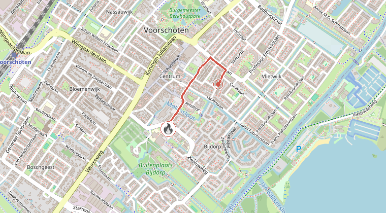 Kaart van de omgeving van de melding, met de kazerne die is gealarmeerd
