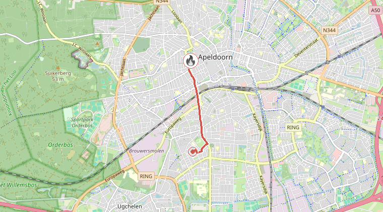 Kaart van de omgeving van de melding, met de kazerne die is gealarmeerd