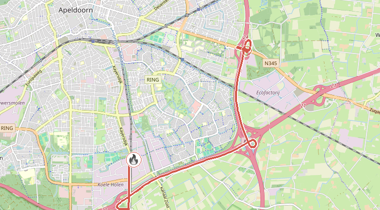 Kaart van de omgeving van de melding, met de kazerne die is gealarmeerd