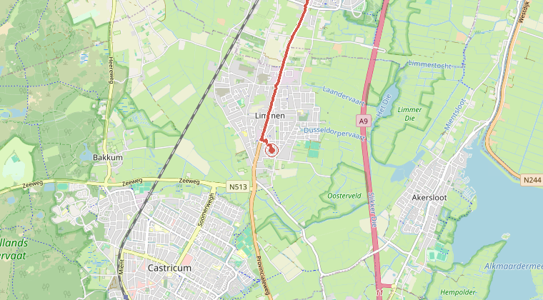 Kaart van de omgeving van de melding, met de kazerne die is gealarmeerd
