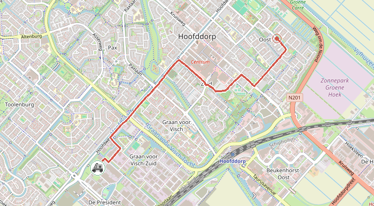 Kaart van de omgeving van de melding, met de kazerne die is gealarmeerd