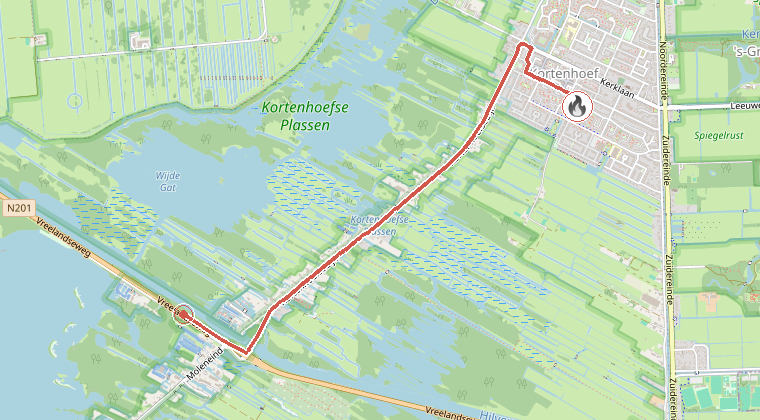Kaart van de omgeving van de melding, met de kazerne die is gealarmeerd