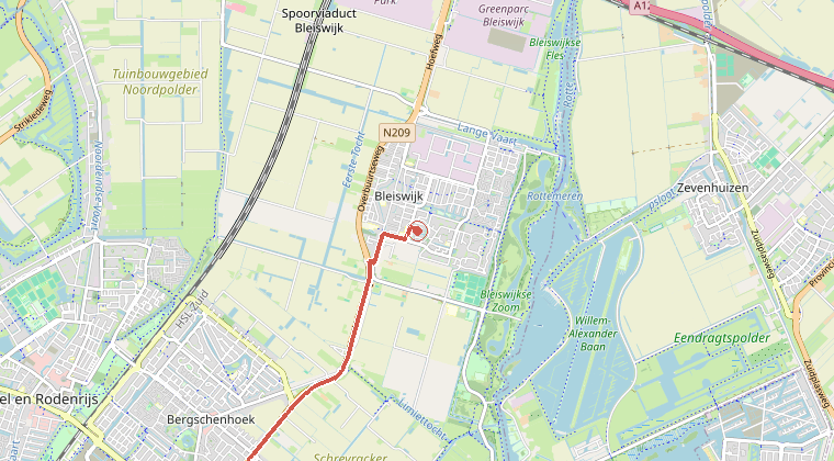 Kaart van de omgeving van de melding, met de kazerne die is gealarmeerd