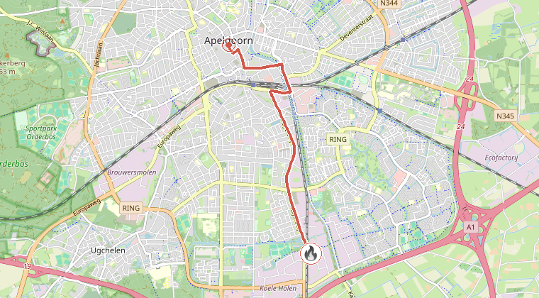 Kaart van de omgeving van de melding, met de kazerne die is gealarmeerd