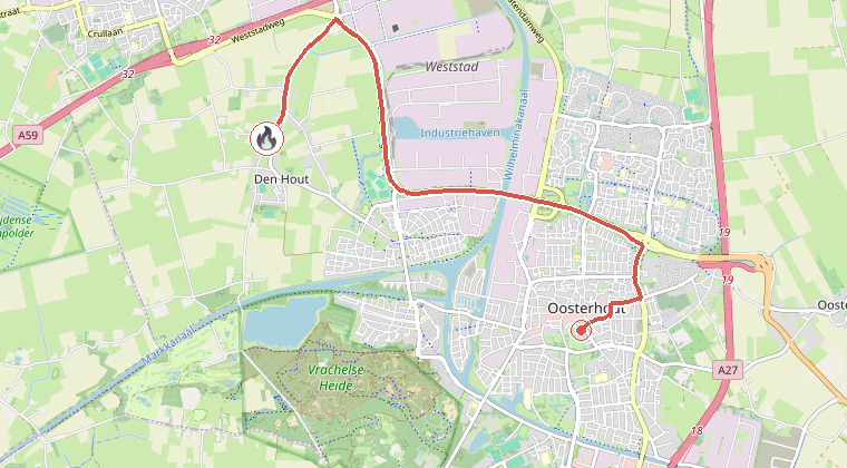 Kaart van de omgeving van de melding, met de kazerne die is gealarmeerd