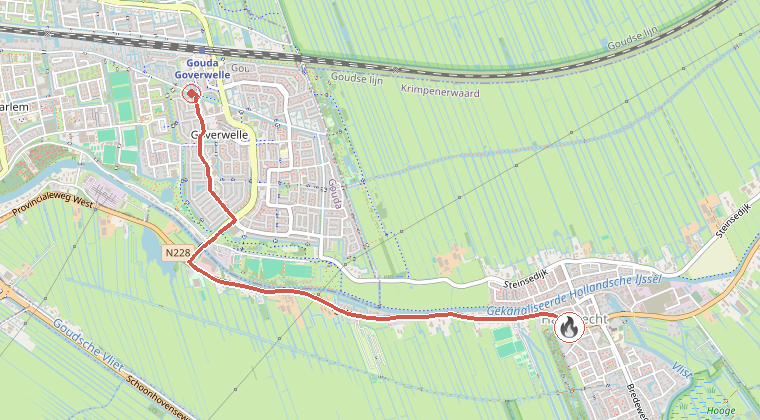 Kaart van de omgeving van de melding, met de kazerne die is gealarmeerd