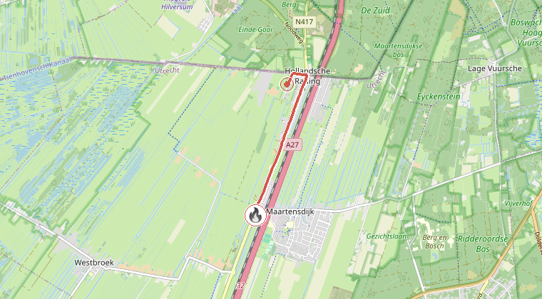 Kaart van de omgeving van de melding, met de kazerne die is gealarmeerd