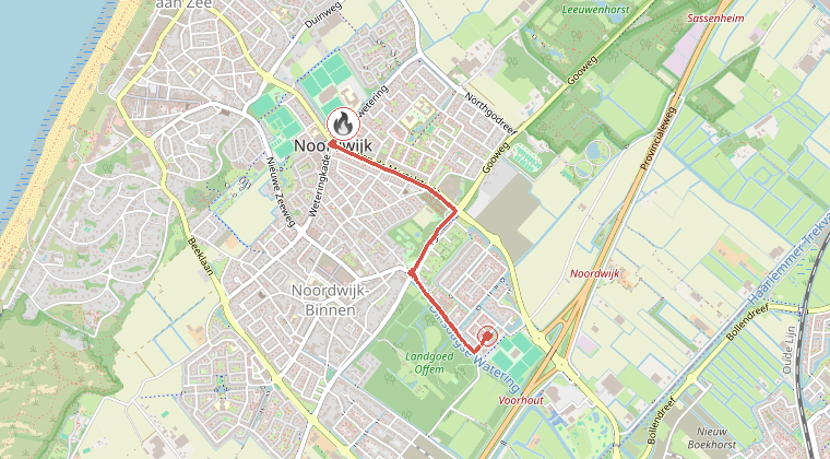 Kaart van de omgeving van de melding, met de kazerne die is gealarmeerd