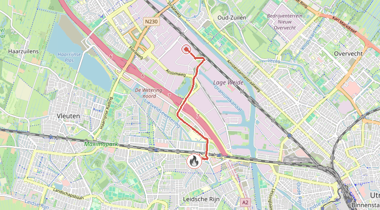 Kaart van de omgeving van de melding, met de kazerne die is gealarmeerd
