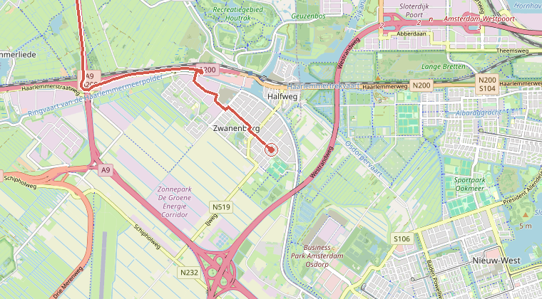 Kaart van de omgeving van de melding, met de kazerne die is gealarmeerd