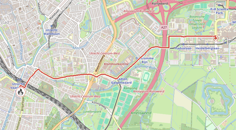 Kaart van de omgeving van de melding, met de kazerne die is gealarmeerd