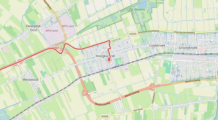 Kaart van de omgeving van de melding, met de kazerne die is gealarmeerd