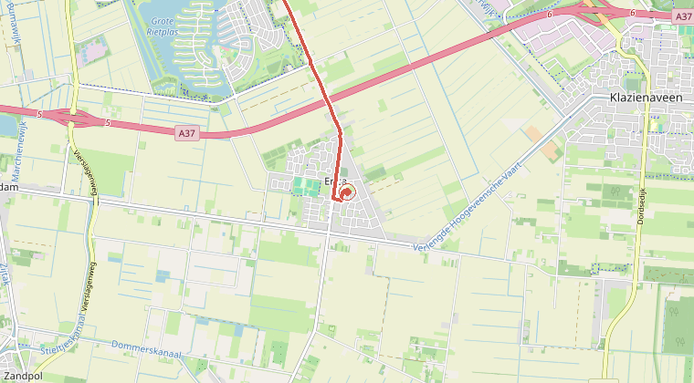 Kaart van de omgeving van de melding, met de kazerne die is gealarmeerd
