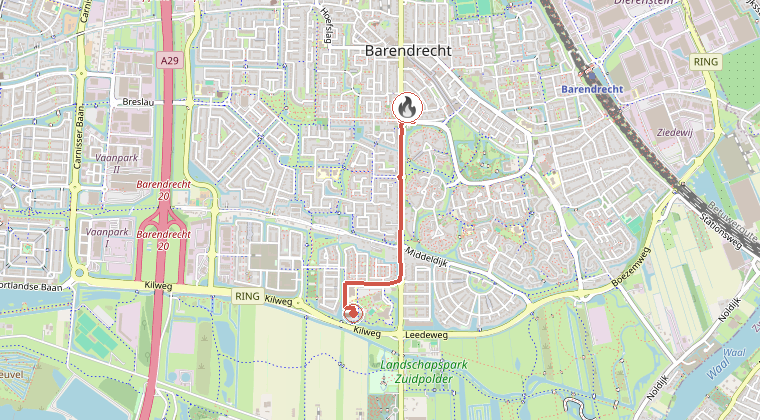 Kaart van de omgeving van de melding, met de kazerne die is gealarmeerd