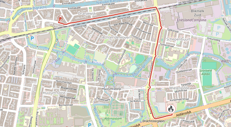 Kaart van de omgeving van de melding, met de kazerne die is gealarmeerd