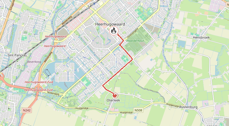 Kaart van de omgeving van de melding, met de kazerne die is gealarmeerd