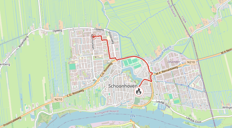 Kaart van de omgeving van de melding, met de kazerne die is gealarmeerd