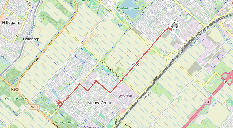 Kaart van de omgeving van de melding, met de kazerne die is gealarmeerd