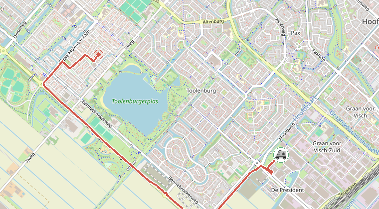 Kaart van de omgeving van de melding, met de kazerne die is gealarmeerd