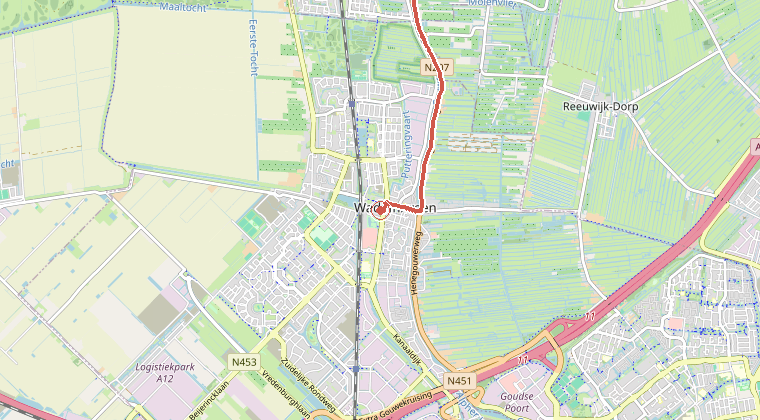 Kaart van de omgeving van de melding, met de kazerne die is gealarmeerd