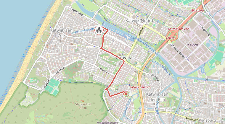 Kaart van de omgeving van de melding, met de kazerne die is gealarmeerd
