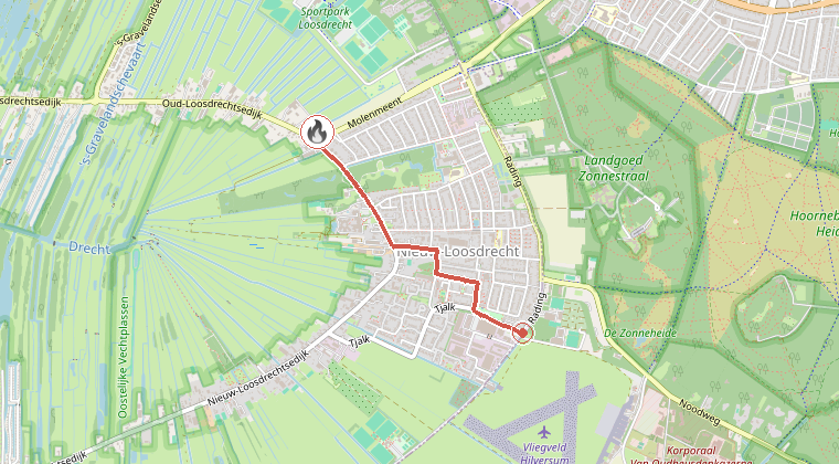 Kaart van de omgeving van de melding, met de kazerne die is gealarmeerd