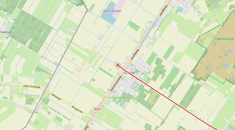 Kaart van de omgeving van de melding, met de kazerne die is gealarmeerd