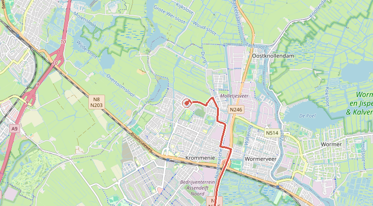Kaart van de omgeving van de melding, met de kazerne die is gealarmeerd