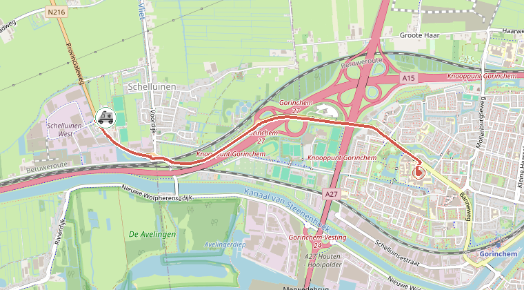 Kaart van de omgeving van de melding, met de kazerne die is gealarmeerd