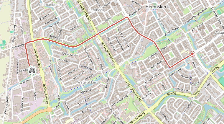 Kaart van de omgeving van de melding, met de kazerne die is gealarmeerd