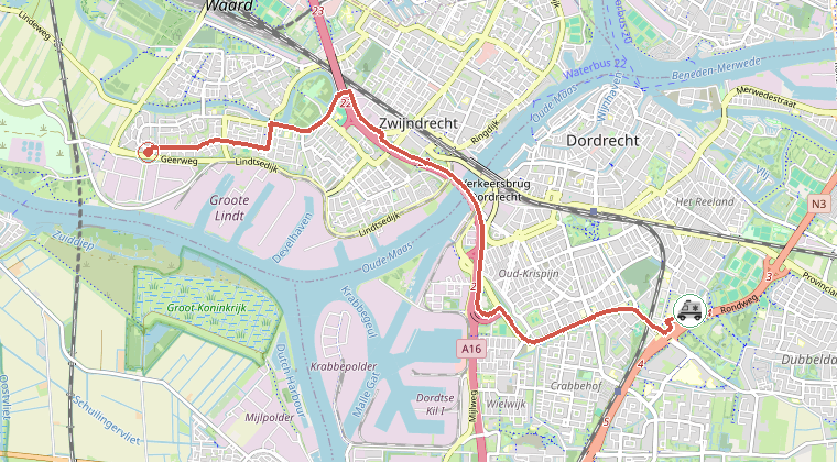 Kaart van de omgeving van de melding, met de kazerne die is gealarmeerd