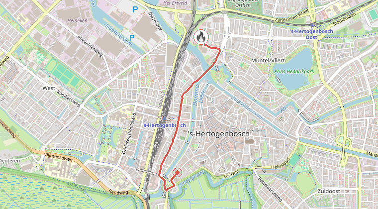 Kaart van de omgeving van de melding, met de kazerne die is gealarmeerd