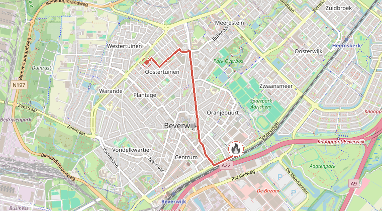 Kaart van de omgeving van de melding, met de kazerne die is gealarmeerd